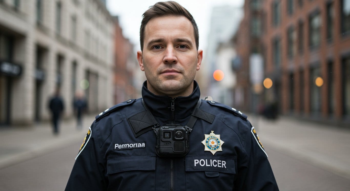 Police officer wearing a body camera in a city setting.