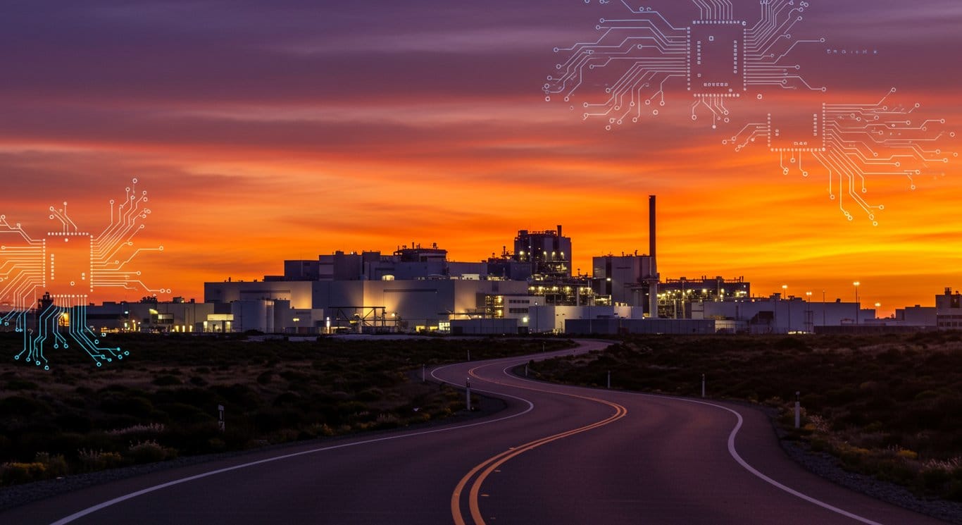 Semiconductor factory at sunset, symbolizing Intel's strategic shift and future direction in the industry.