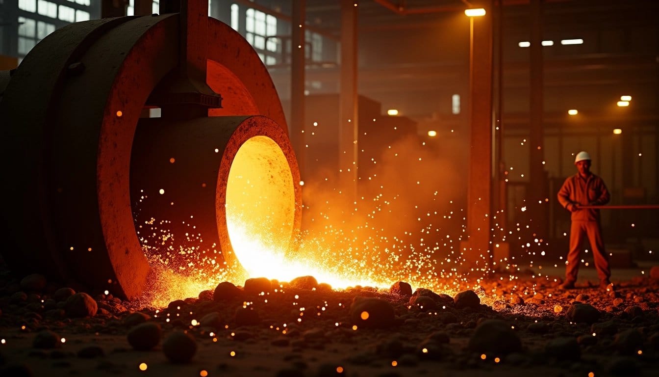 Molten steel being poured in a steel mill.