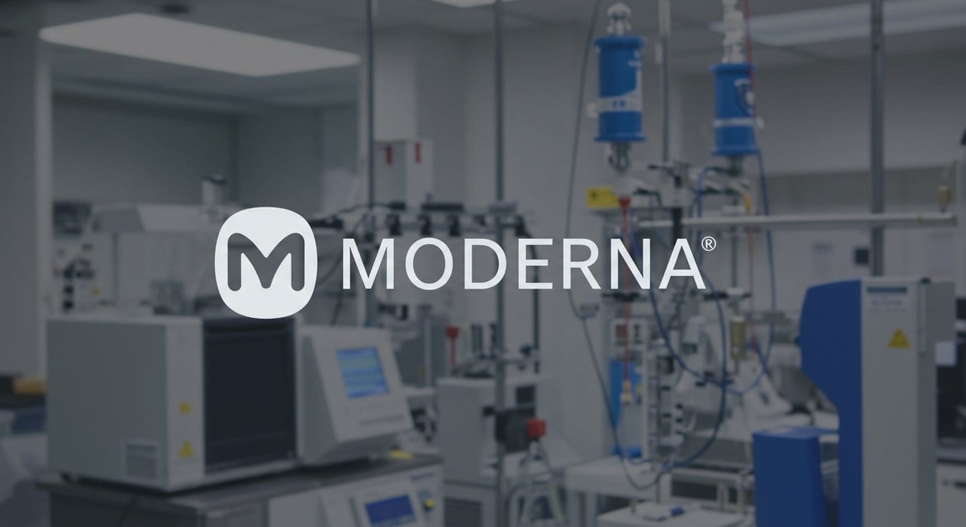 Moderna logo in a lab setting.