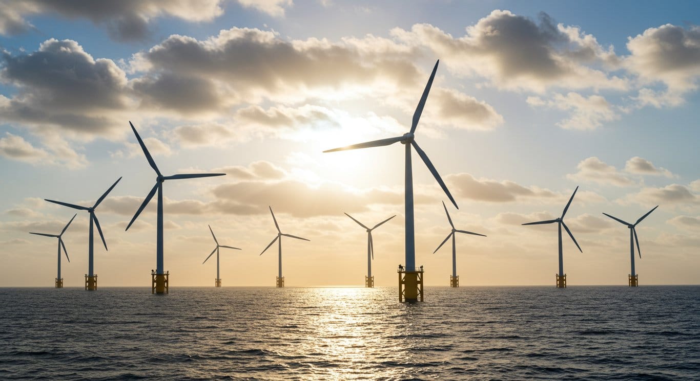 Offshore wind turbines generating clean energy at sea.