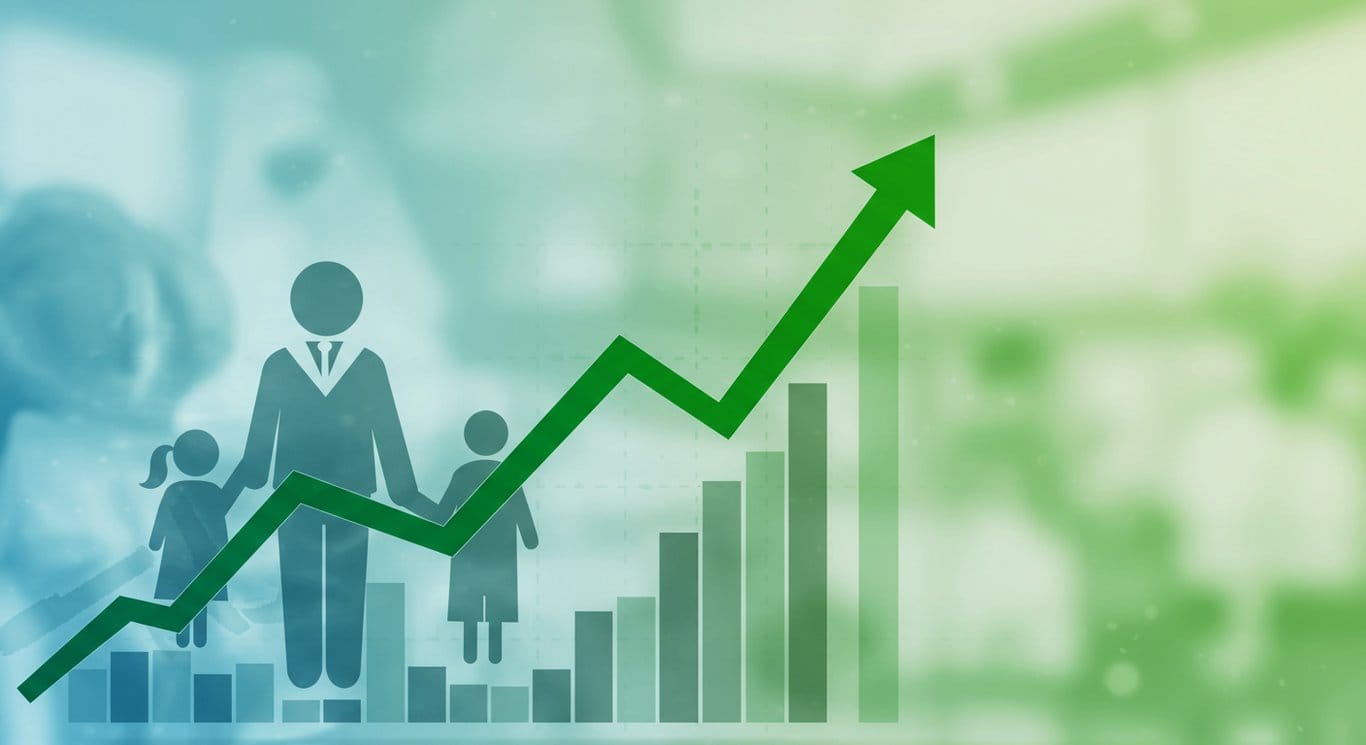 Financial chart trending upwards overlaid on a stylized family receiving healthcare.