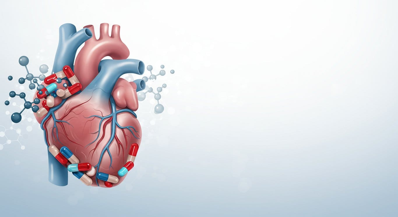 Stylized heart with pharmaceutical elements representing cardiovascular medicine.