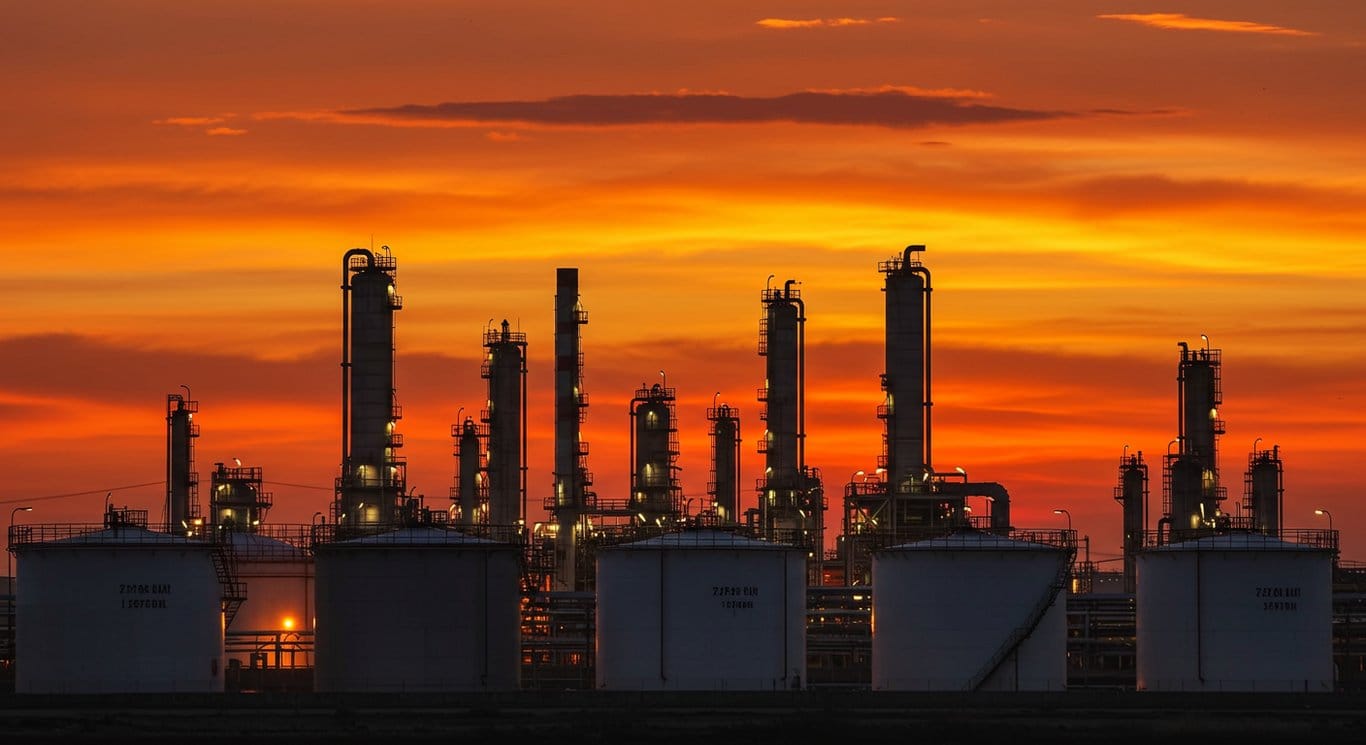 Oil refinery at sunset, symbolizing the energy industry.