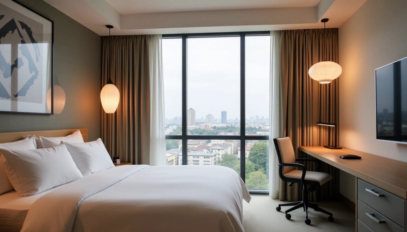 Bright hotel room with city view.