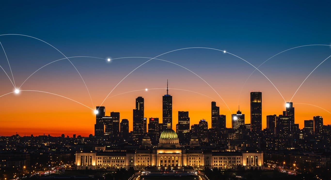 City skyline at dusk, symbolizing government technology and connectivity.