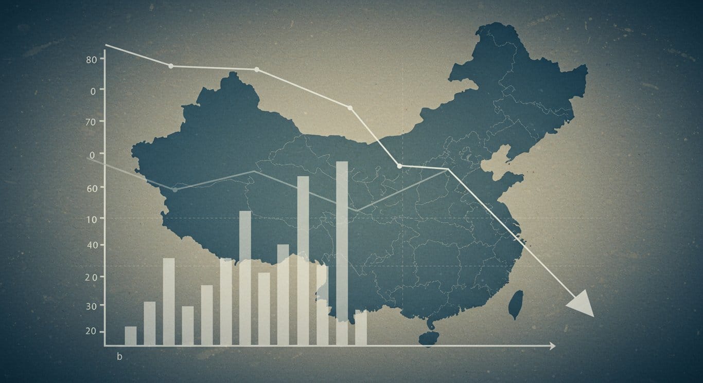 A downward trending graph overlaid on a faded map of China.