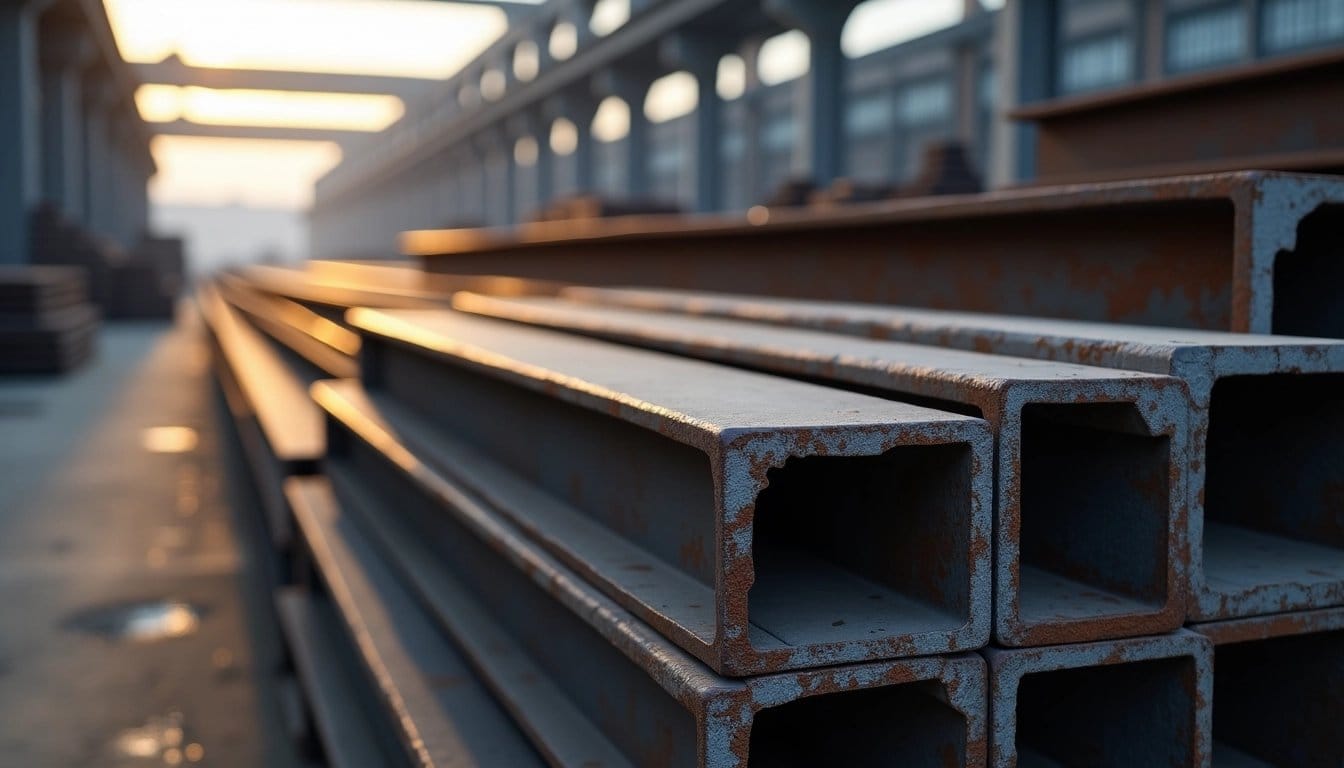 Stacked steel girders against an industrial backdrop.