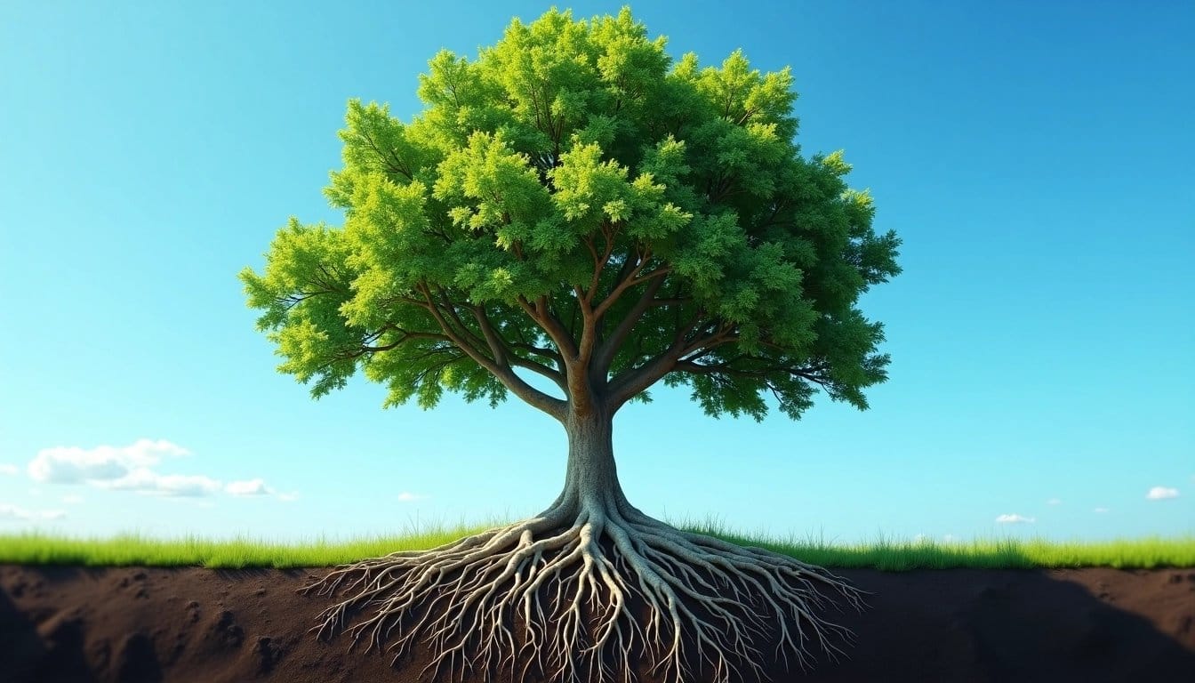 Tree with roots intertwined with money, representing financial health and growth.