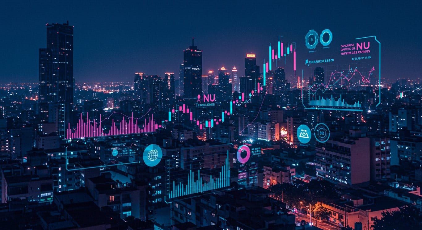 Futuristic cityscape representing Nu Holdings' innovation in Latin American fintech, featuring financial data visualizations and a cyberpunk aesthetic.