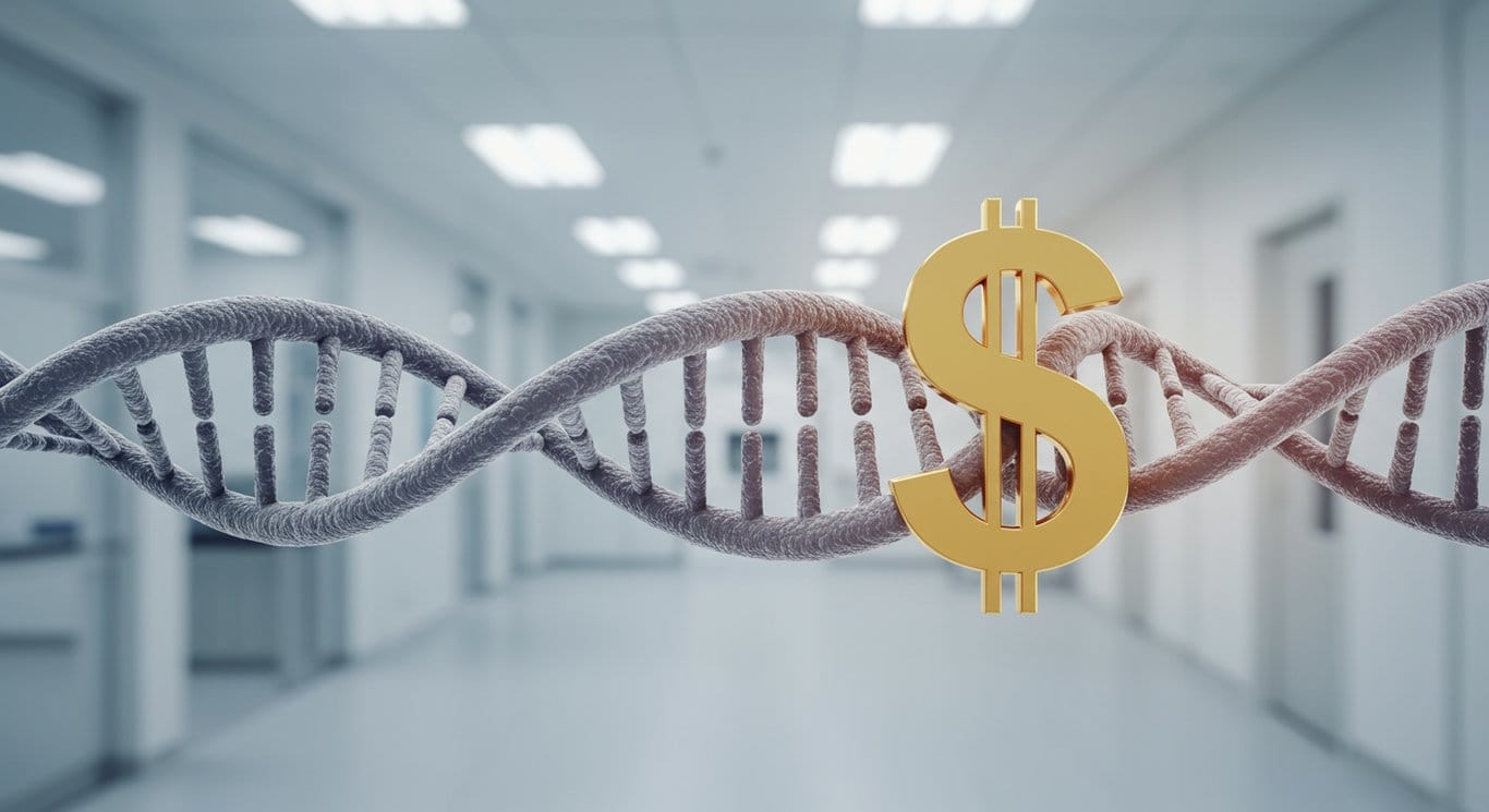 DNA helix intertwined with a dollar sign, representing the cost and value of gene therapies in healthcare.