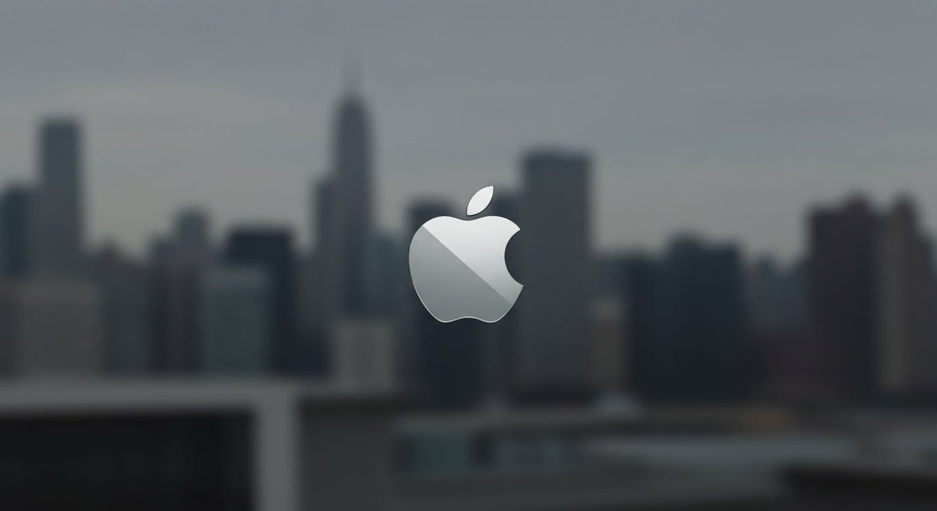 Apple logo over a blurred cityscape background, symbolizing technology and urban life.