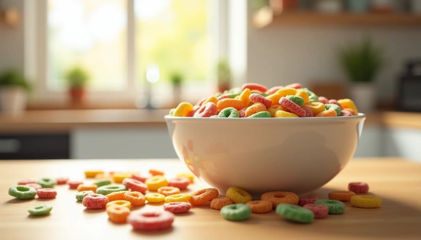 Bowl of colorful breakfast cereal in a sunny kitchen.