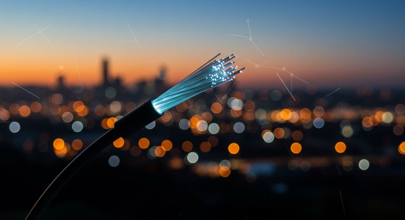 Fiber optic cable against a cityscape at dusk.