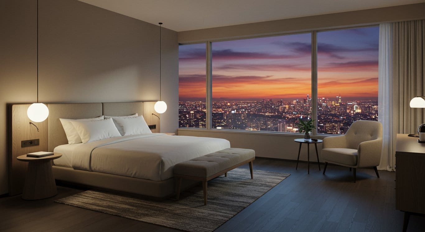 Modern hotel room overlooking a cityscape at dusk.