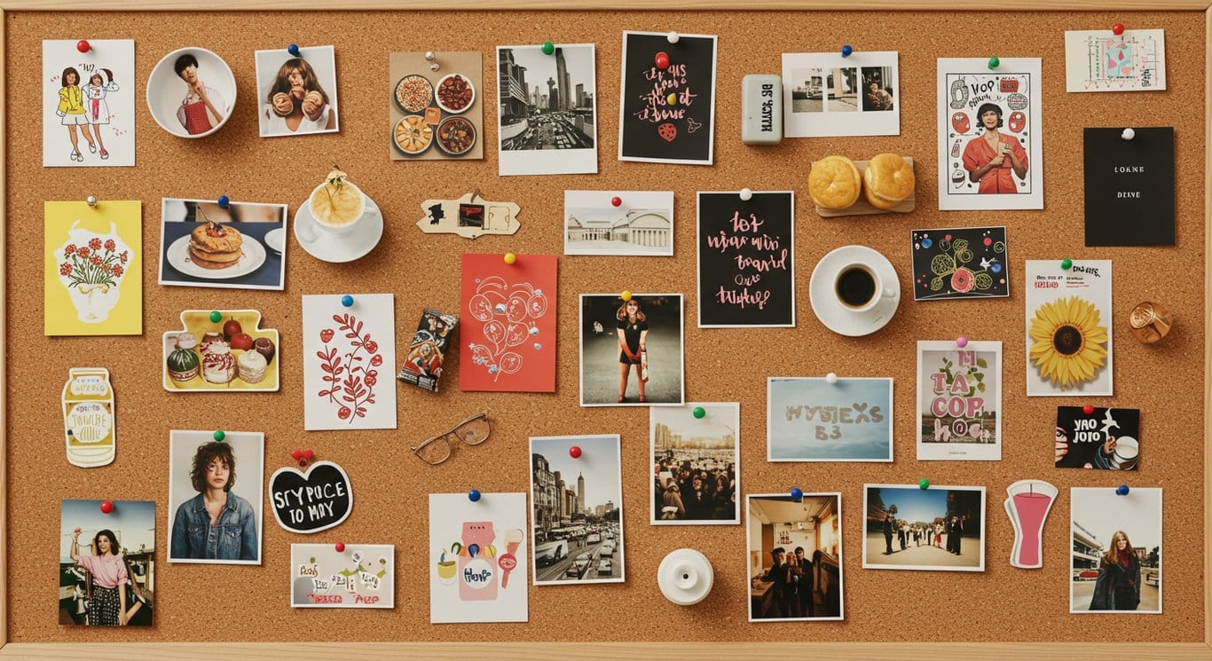 Corkboard filled with diverse images representing Pinterest's visual discovery platform.