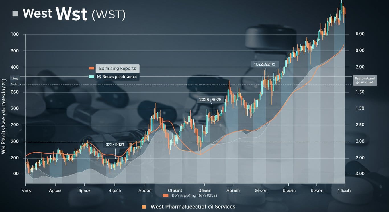 Stock performance graph for West Pharmaceutical Services (WST) showing key events and pharmaceutical packaging elements.