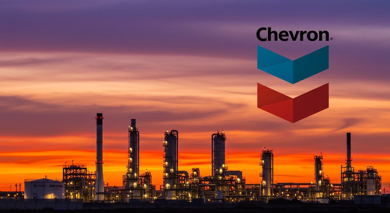 Chevron logo with an oil refinery at sunset.