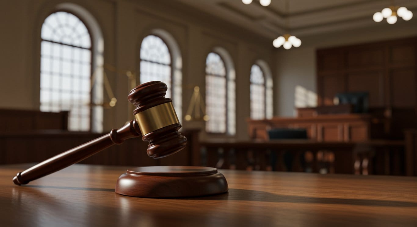 Gavel hitting a sound block in a courtroom, symbolizing legal challenges.