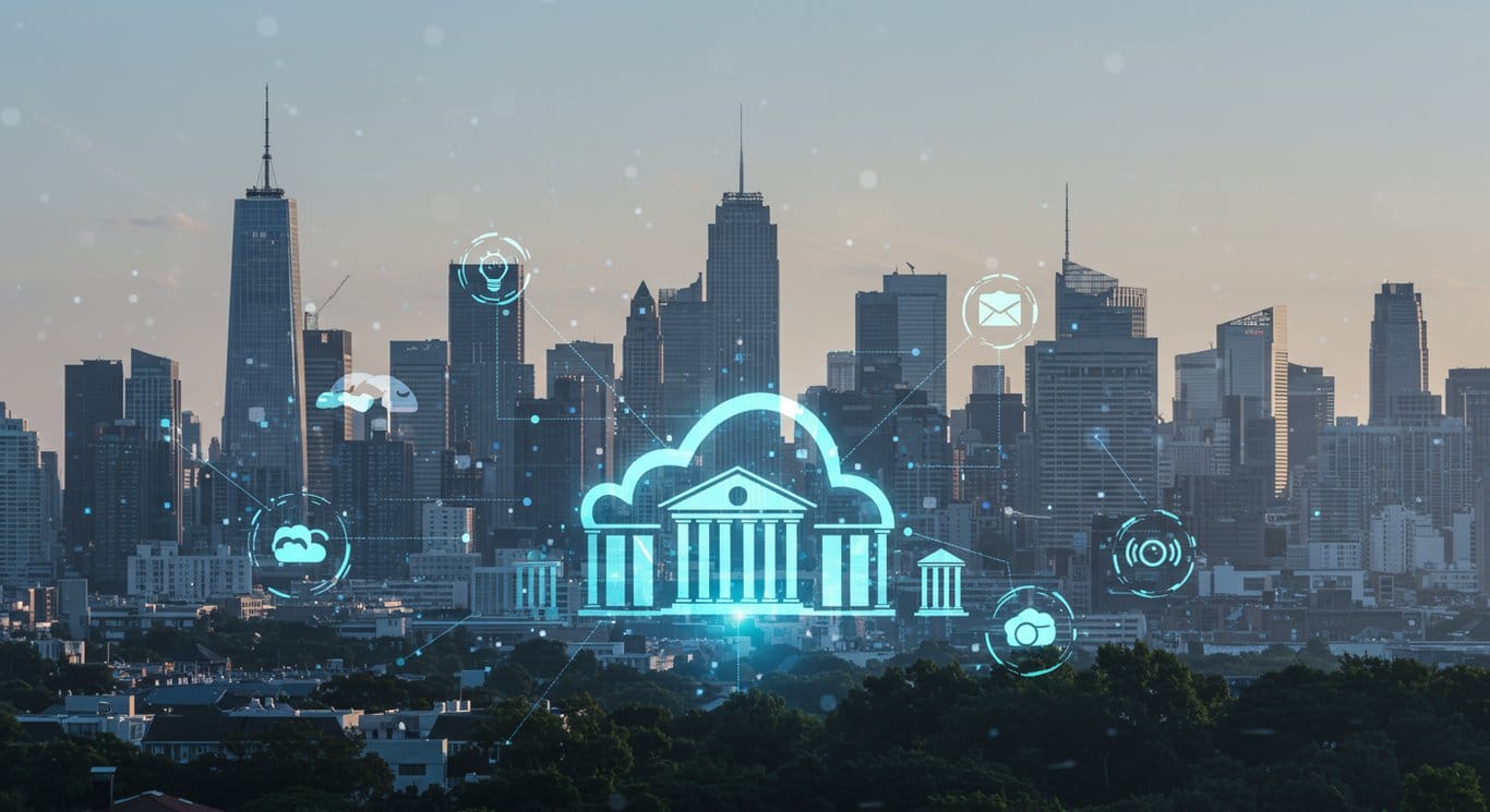 City skyline overlaid with digital data streams and government buildings, representing Tyler Technologies' role in modernizing government services.