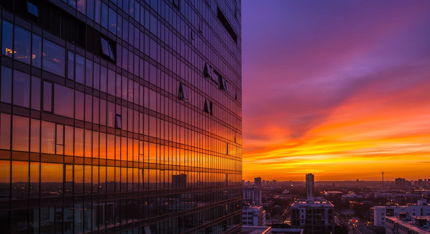 Glass skyscraper reflecting sunset.