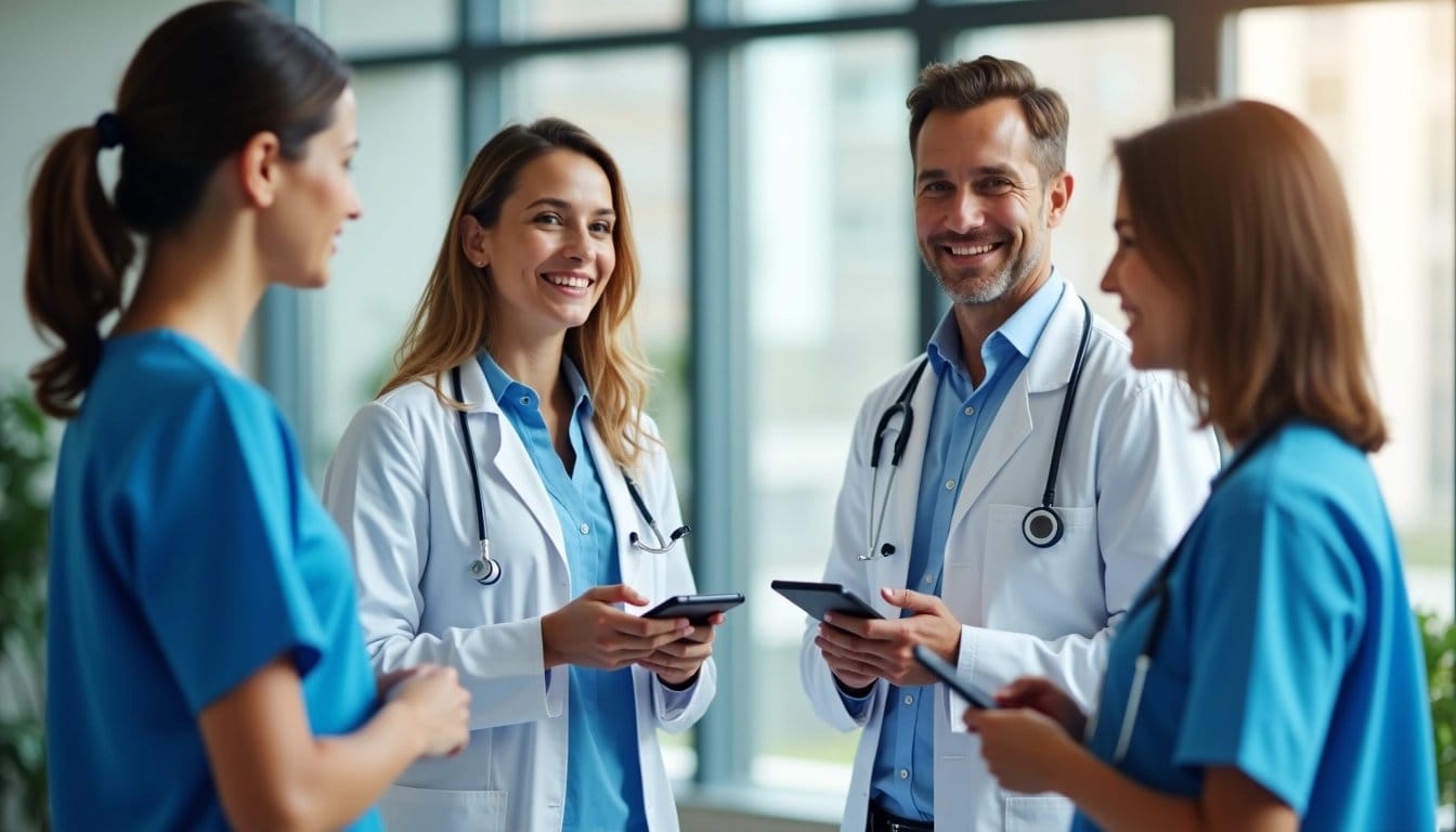 A group of diverse healthcare professionals collaborating in a modern office setting.