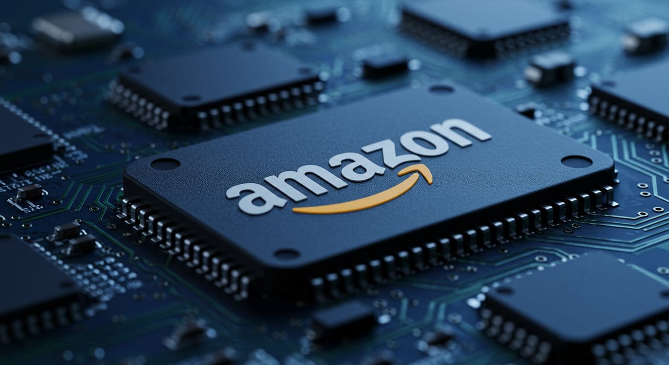 Amazon logo integrated into a circuit board, representing technology and investment.