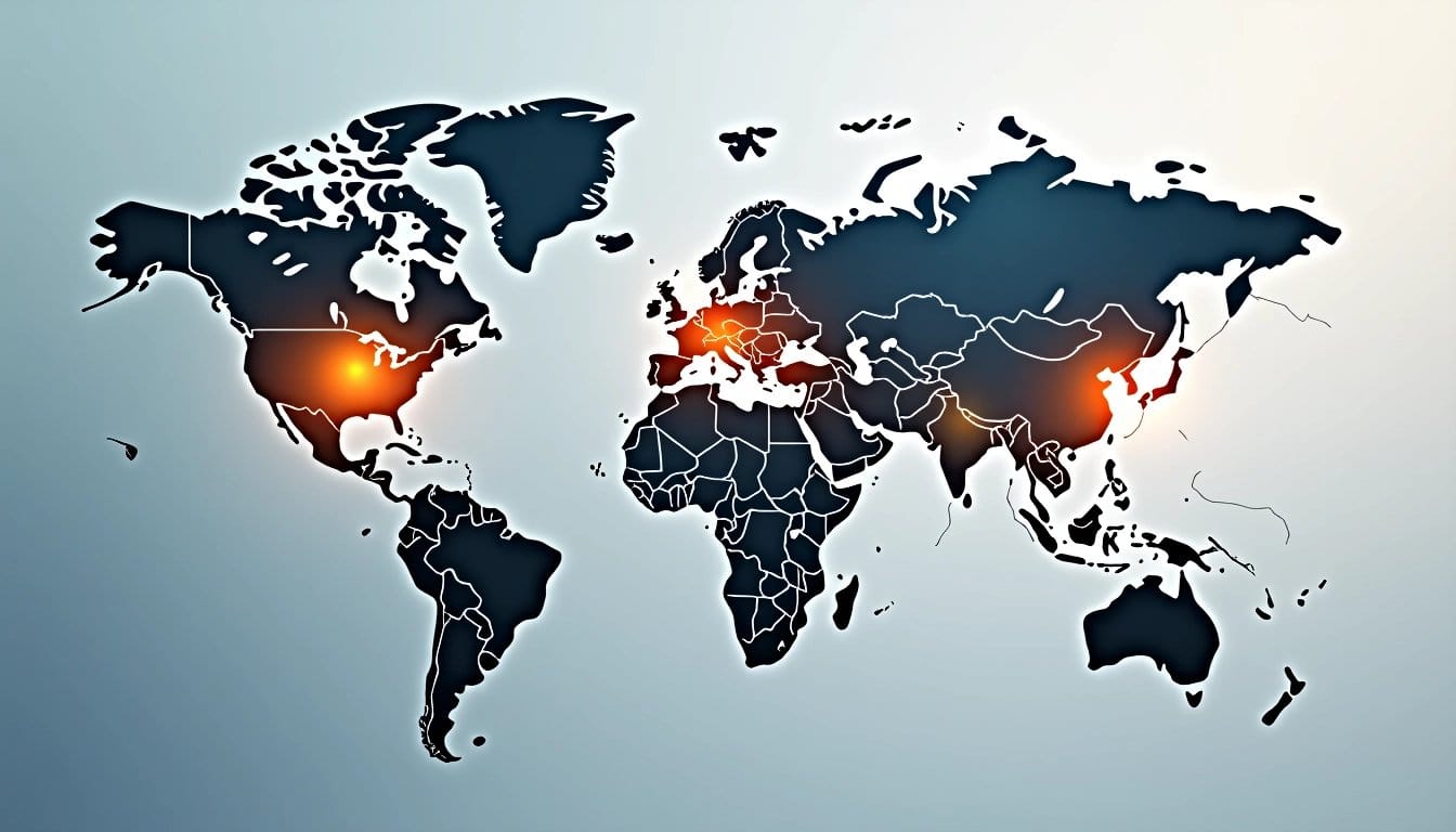 Stylized world map illustrating global trade routes, representing international business and connectivity.