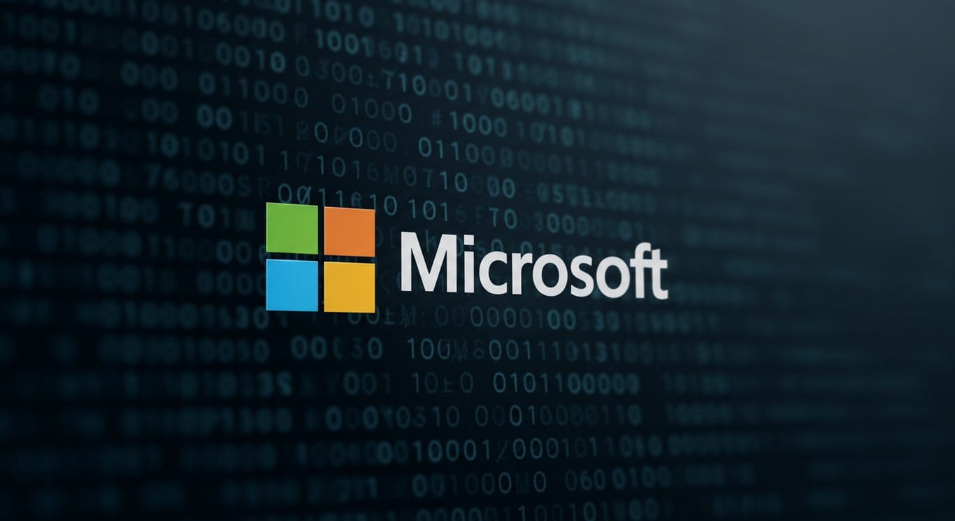 Microsoft logo against a blurred binary code background.