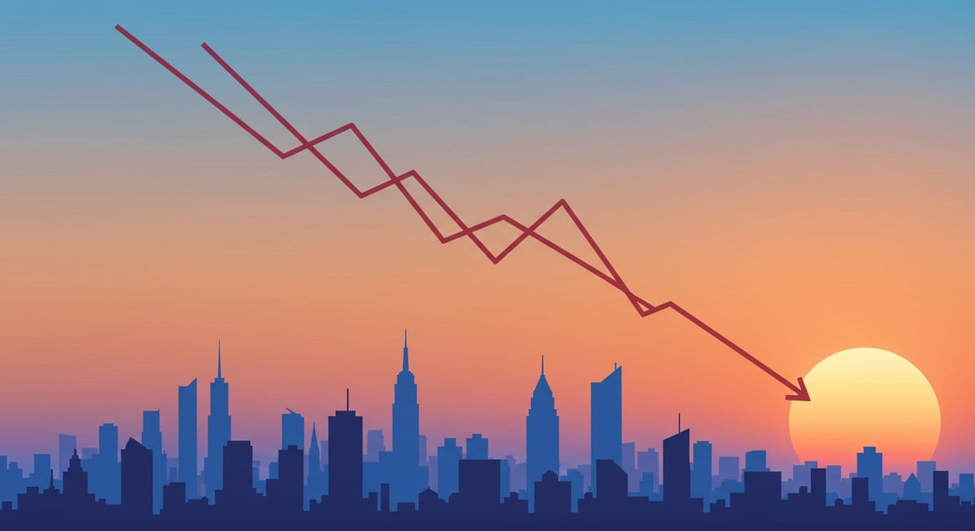 Line graph showing a downward trend against a city backdrop, illustrating financial analysis.