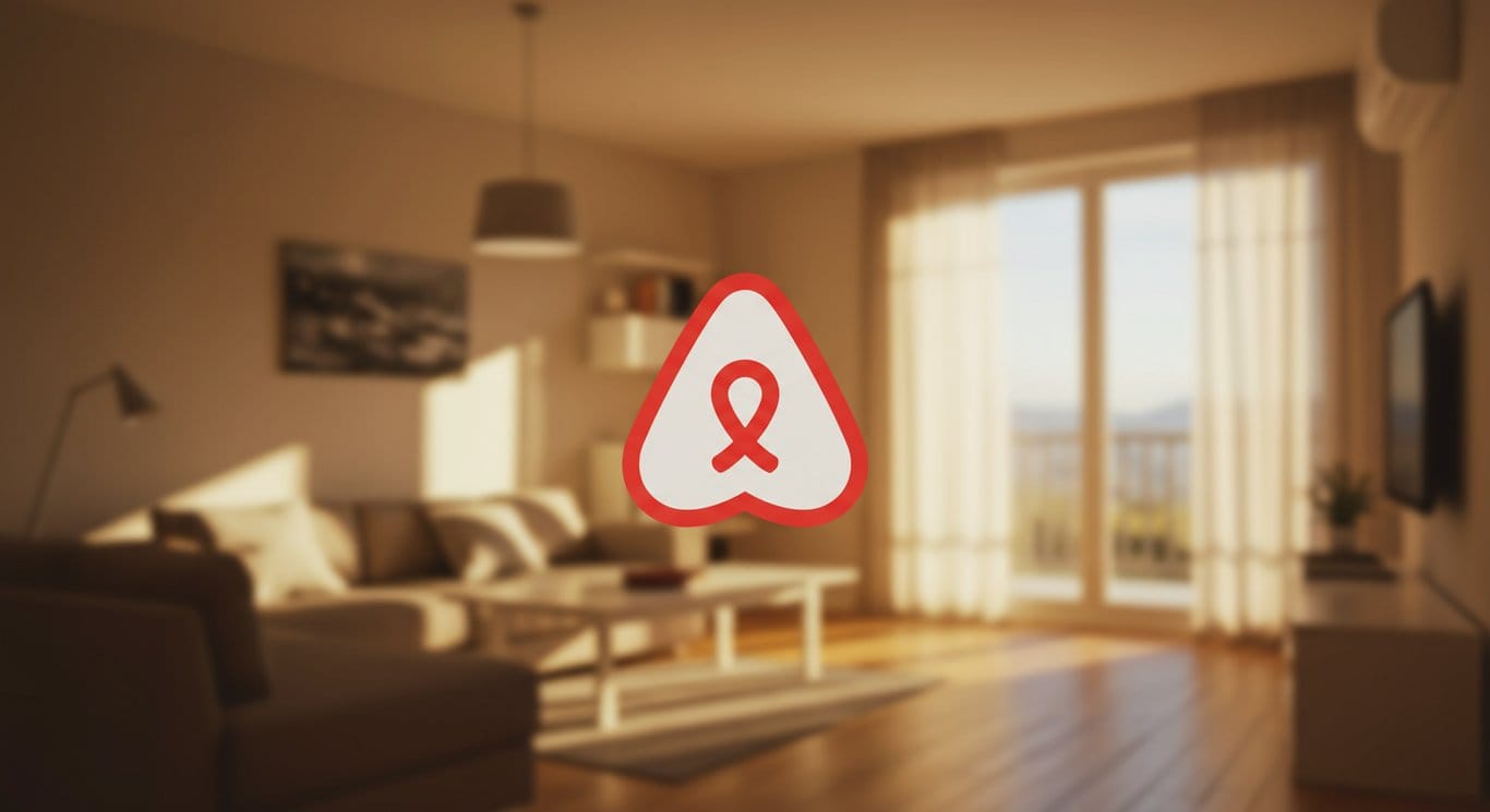 The Airbnb logo in a modern apartment setting.