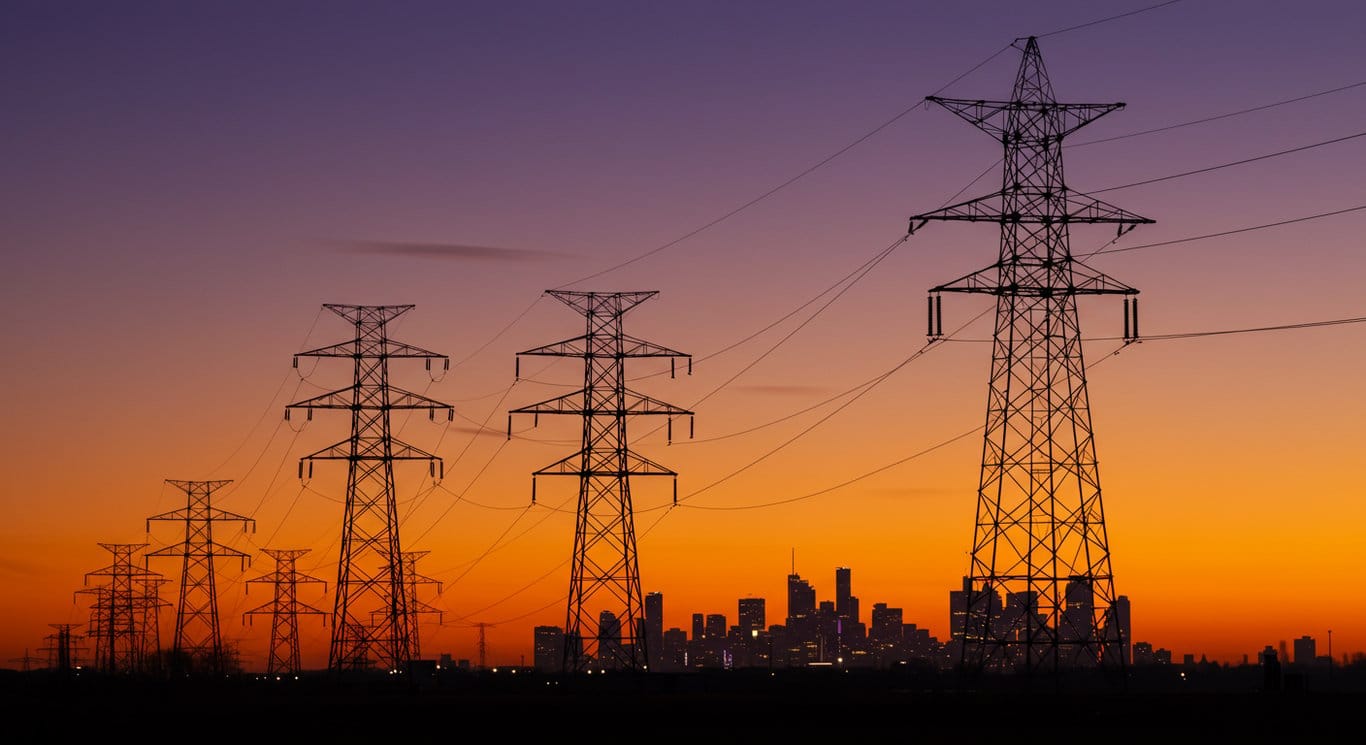 Power transmission towers against a dawn sky, representing energy infrastructure.