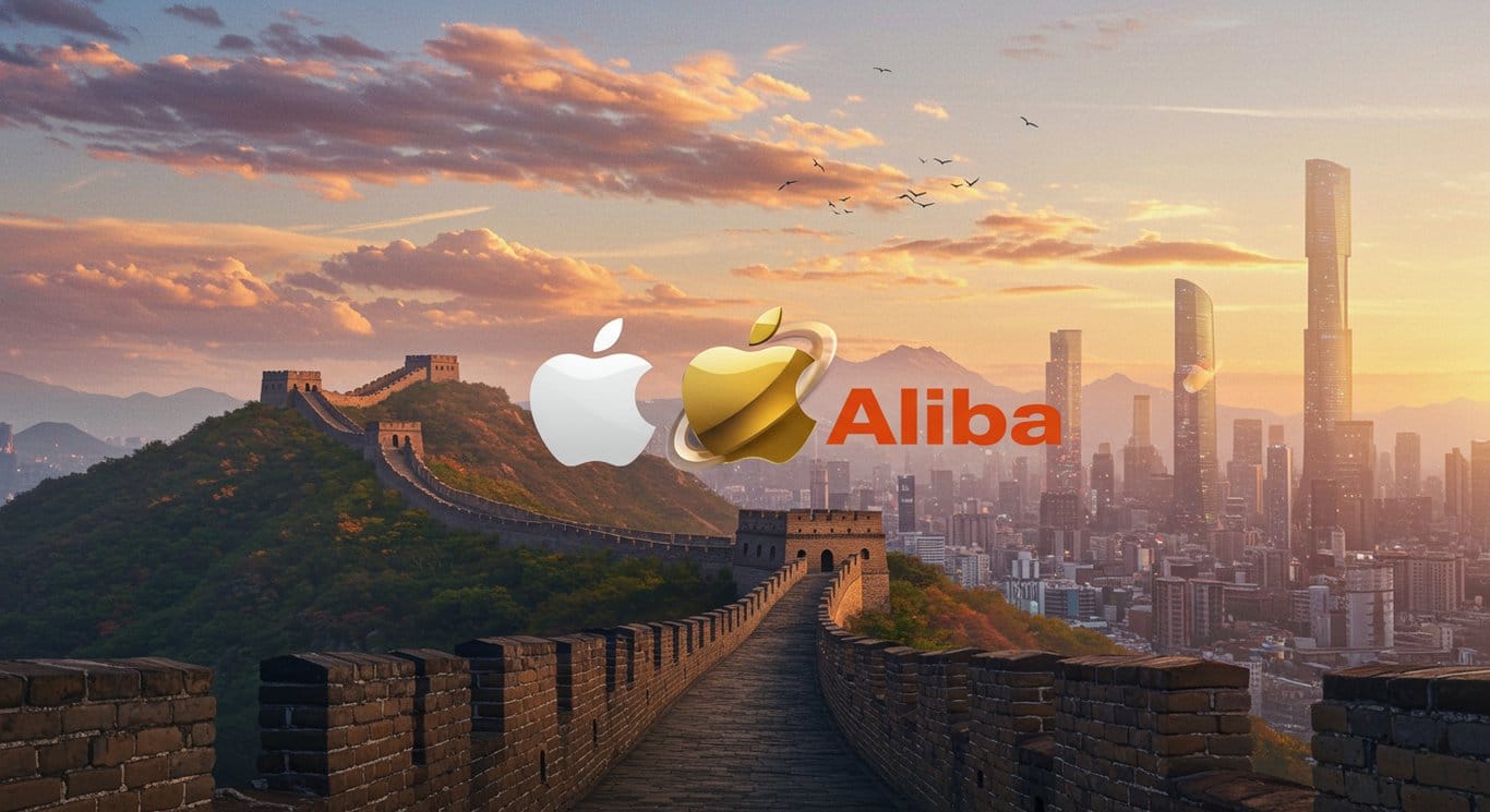 Apple and Alibaba partnership concept art, blending Chinese and modern tech elements.