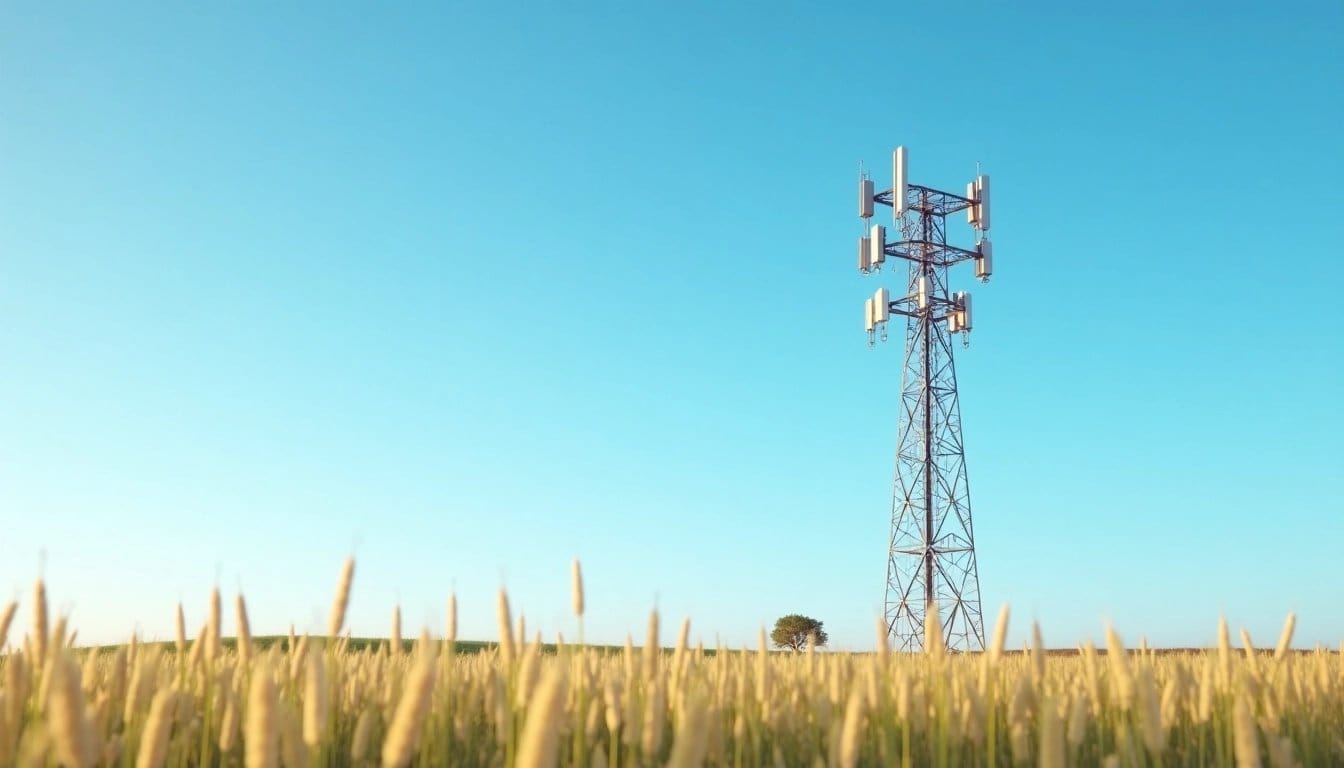 Cell tower in a field under a blue sky, representing connectivity.