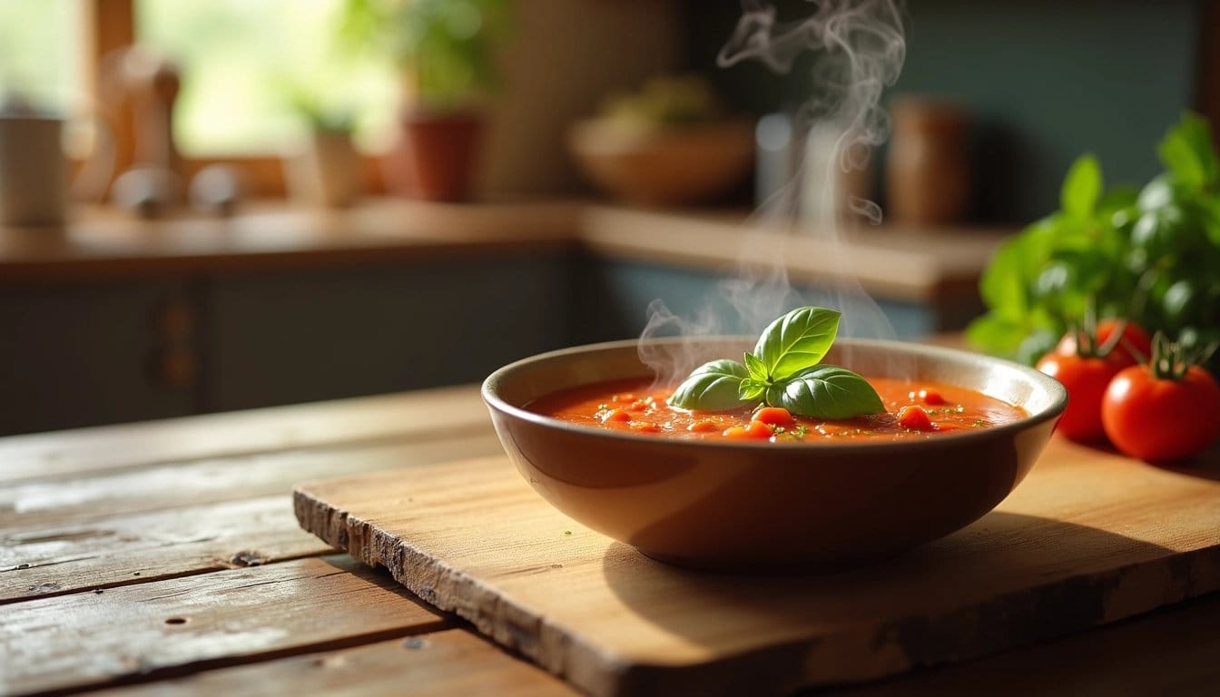 A comforting bowl of tomato soup on a wooden table, suggesting warmth and home-style cooking.