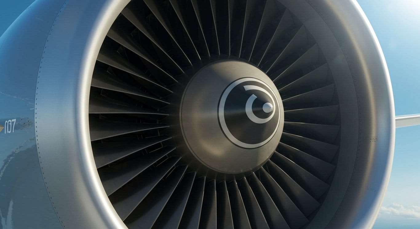 Close-up of a spinning jet engine turbine against a blue sky, symbolizing aerospace technology and performance.