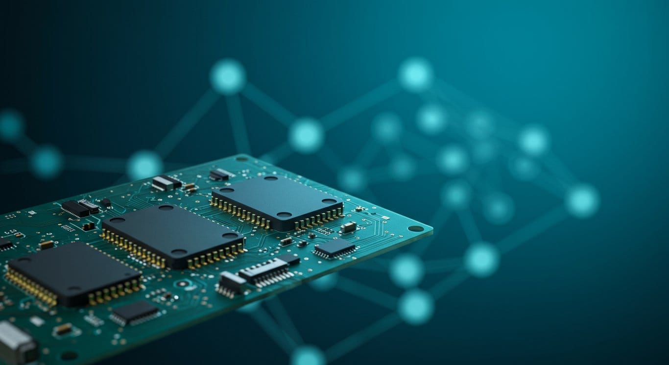 Stylized circuit board illustrating electronic design automation.