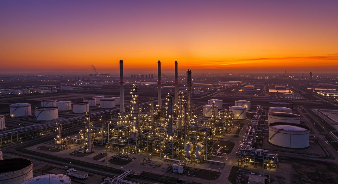 Aerial view of an oil refinery at sunset, illustrating Petrobras's operational expansion and environmental consciousness.