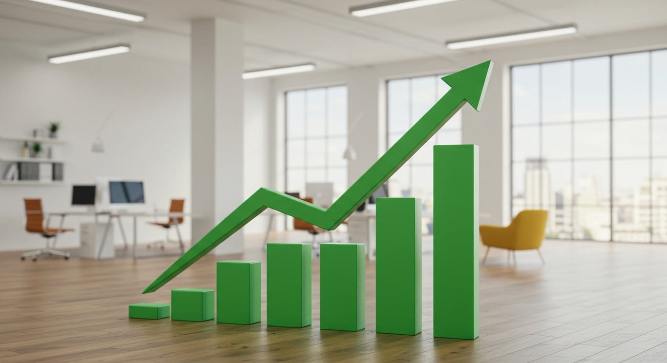 Stylized upward trending graph in a modern office, symbolizing business growth.