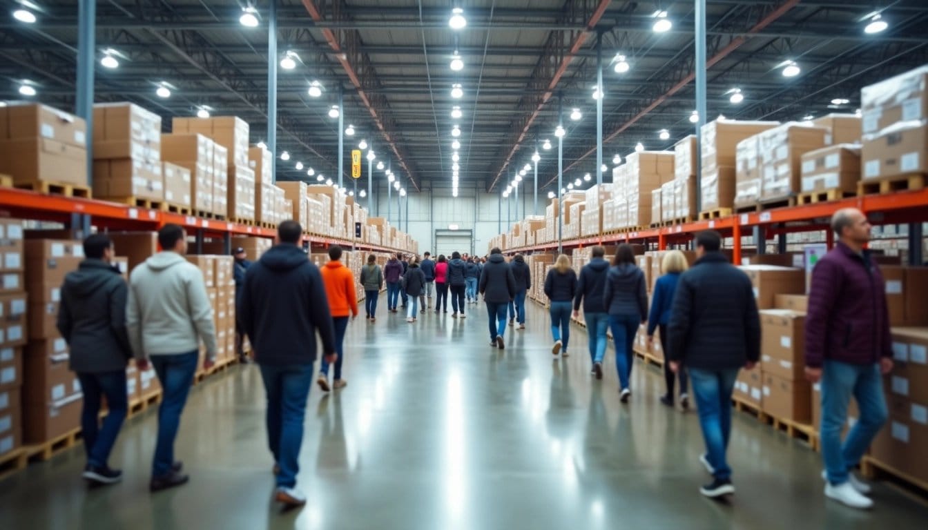 Busy Costco warehouse interior with shoppers browsing bulk items.