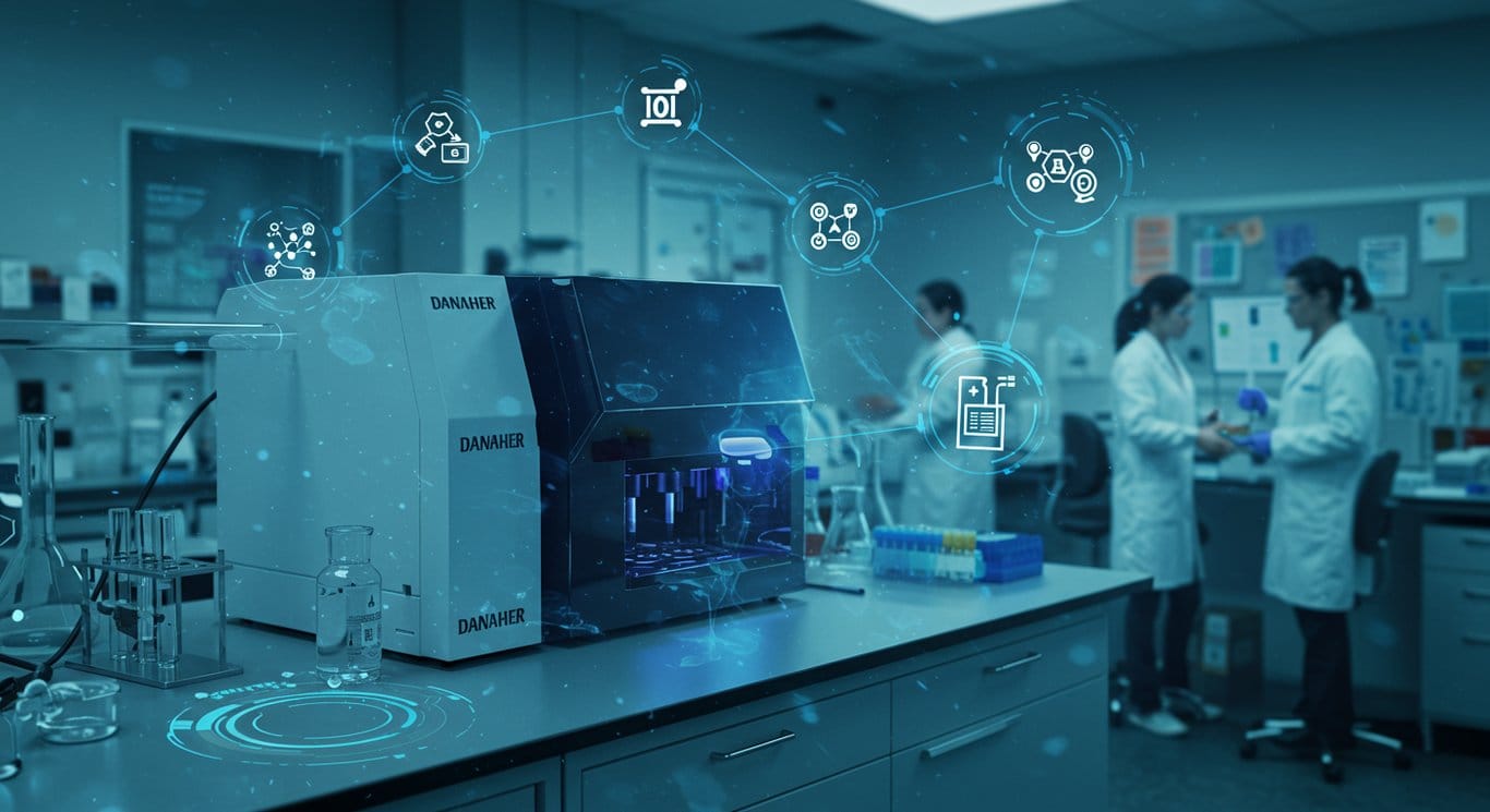 Futuristic lab showcasing Danaher's interconnected molecular diagnostics, highlighting innovation in life sciences.