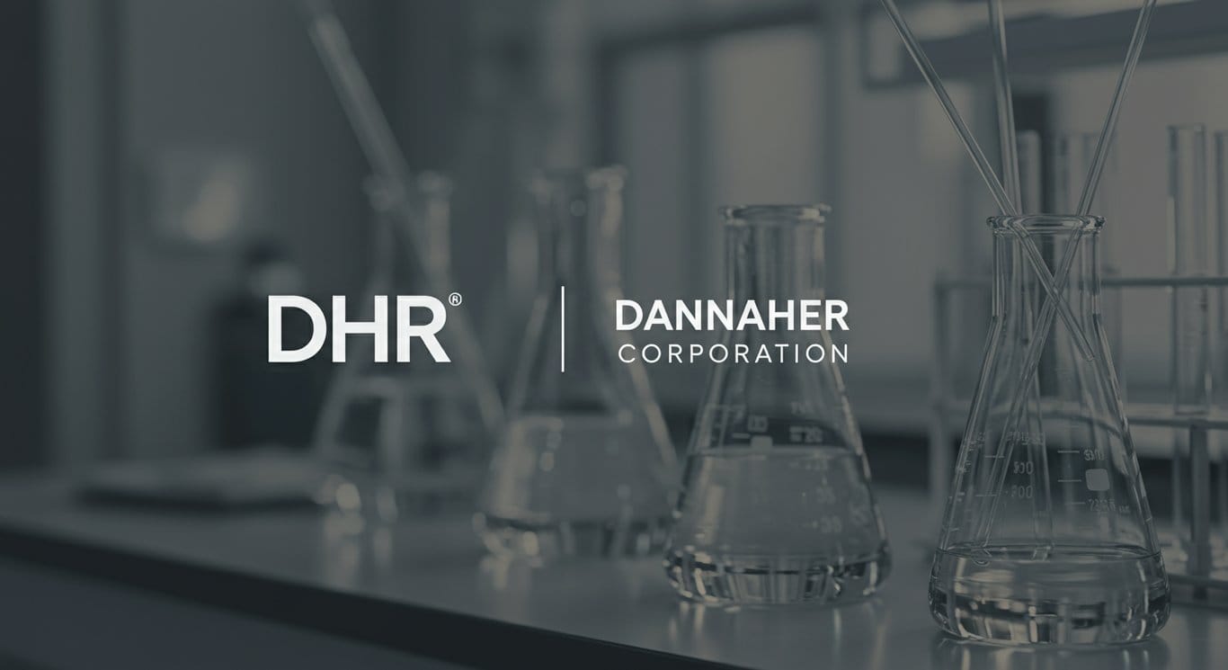 Danaher Corporation logo with laboratory equipment background.