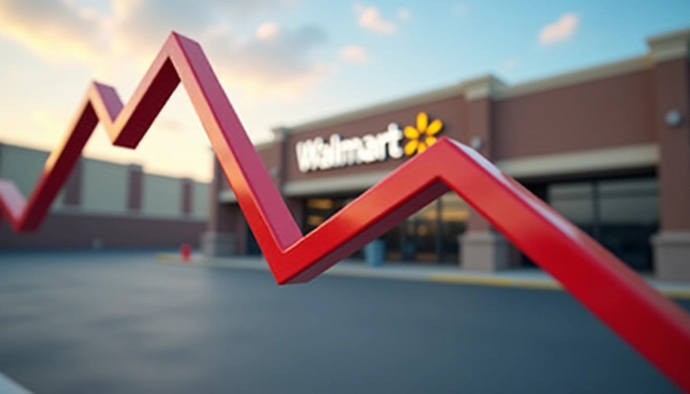 A stock chart trending downwards, with a Walmart store in the background, representing financial loss.