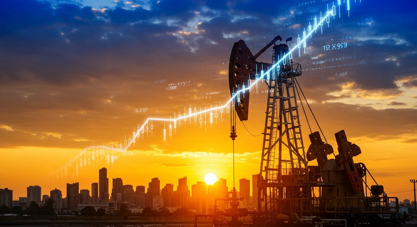 ExxonMobil: Oil rig with stock chart overlay, symbolizing growth and innovation.