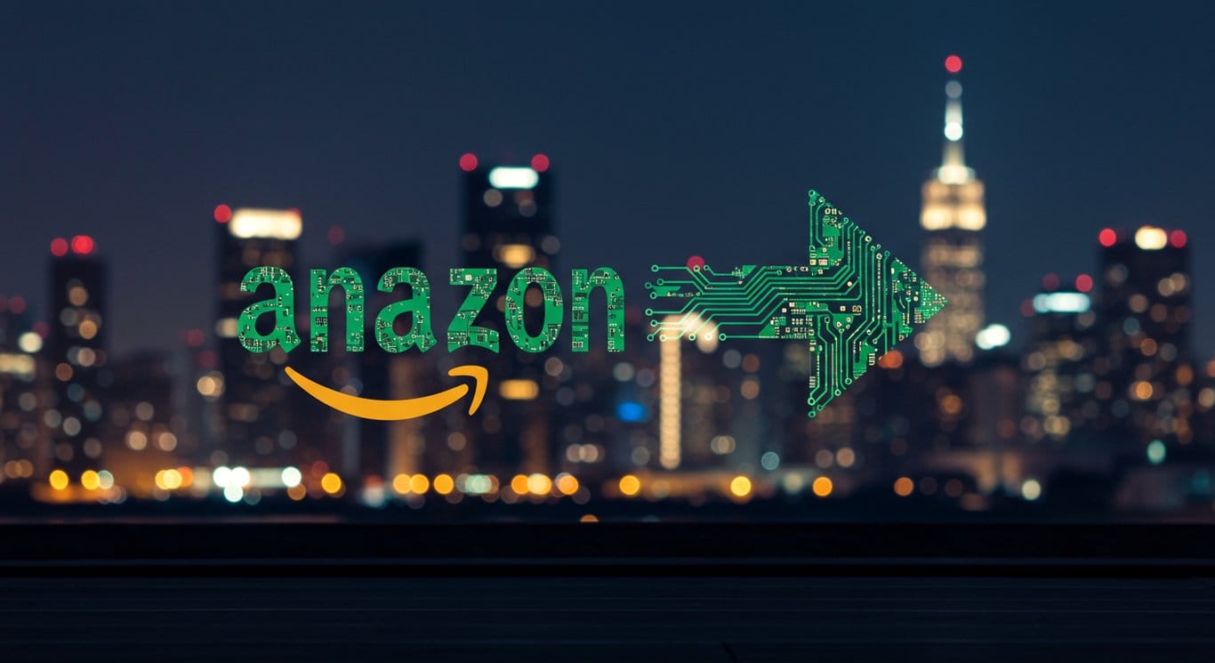 Amazon logo depicted as a circuit board against a futuristic cityscape.