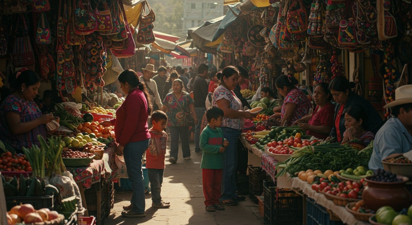 A bustling marketplace scene in Latin America.