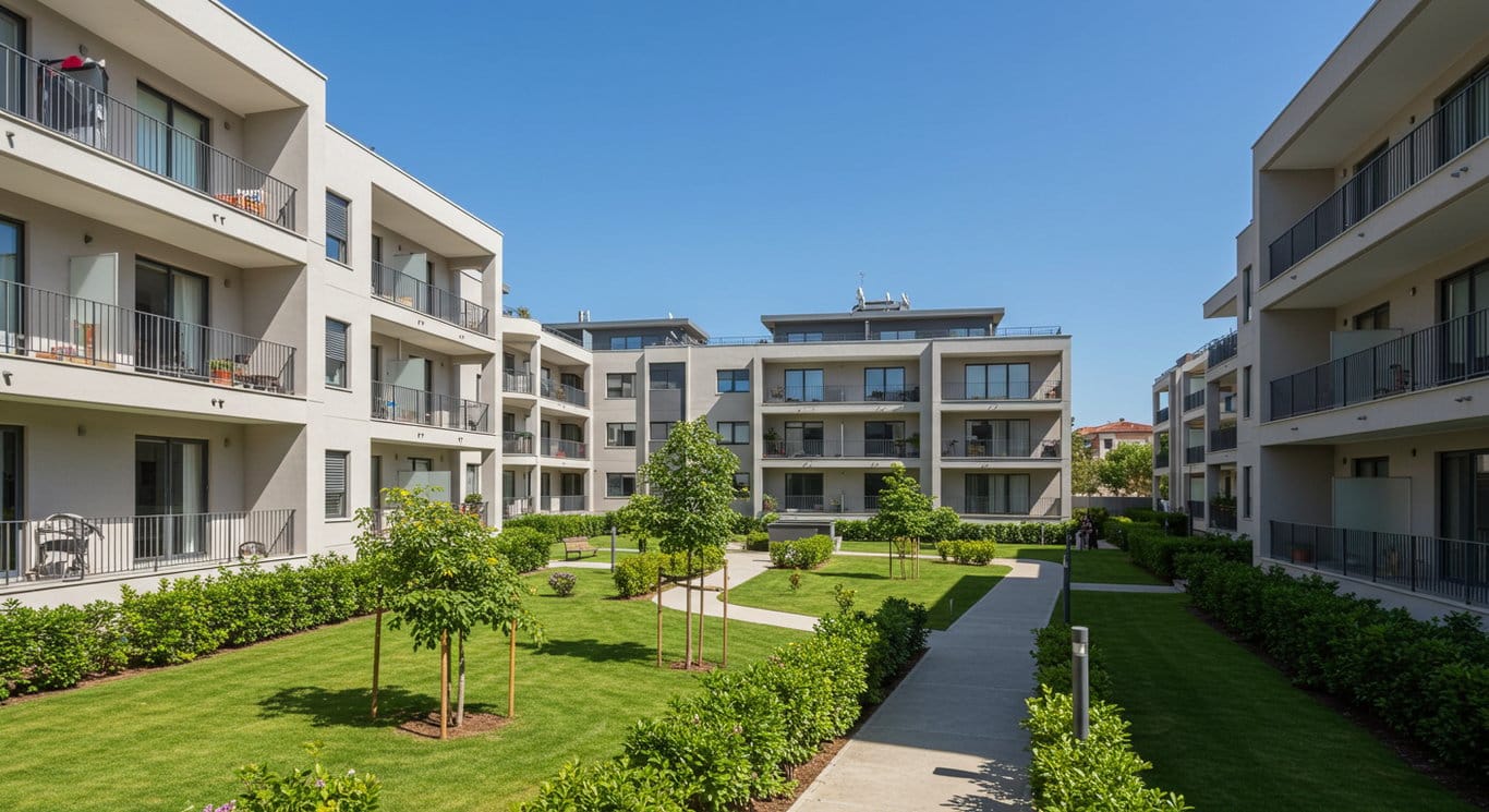 Exterior of a modern apartment complex with green landscaping.