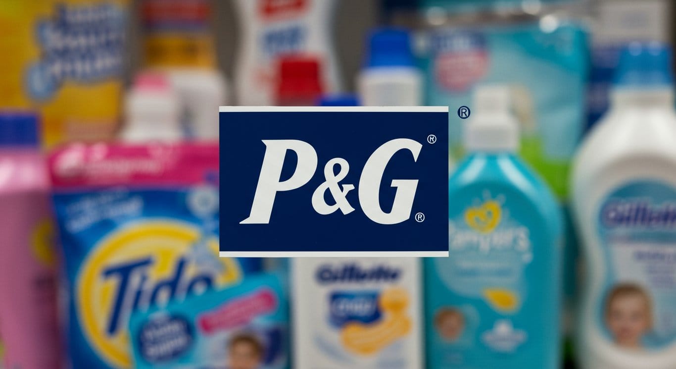 Procter & Gamble (P&G) logo with blurred consumer products in background.