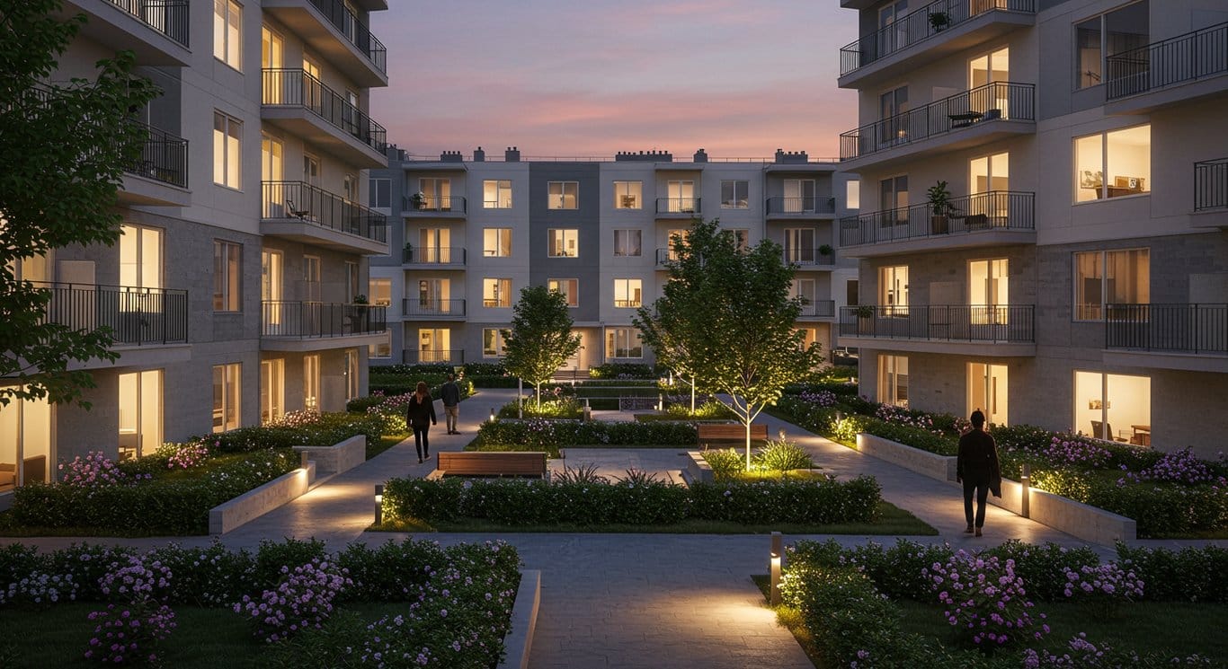 Apartment complex at dusk with interior lights, conveying a sense of home and community.