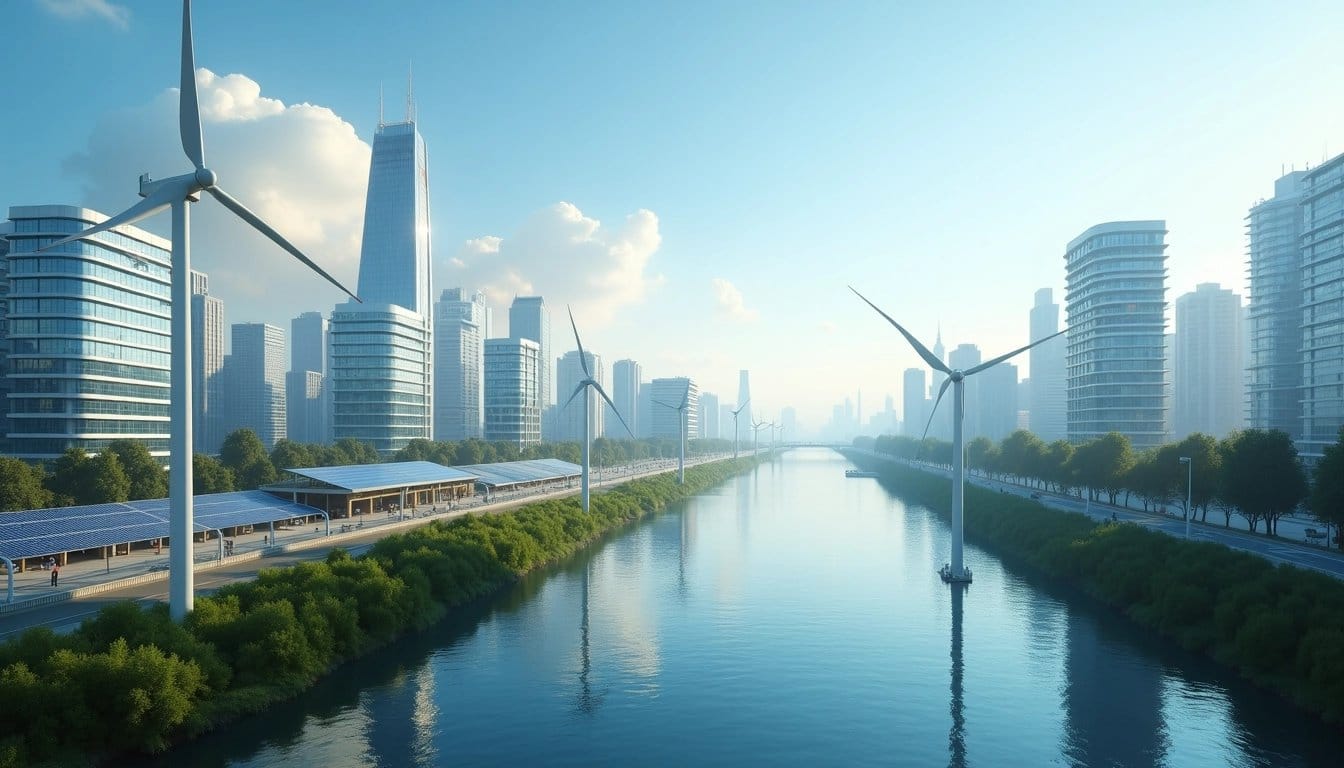 Cityscape featuring sustainable infrastructure like wind turbines and solar panels.